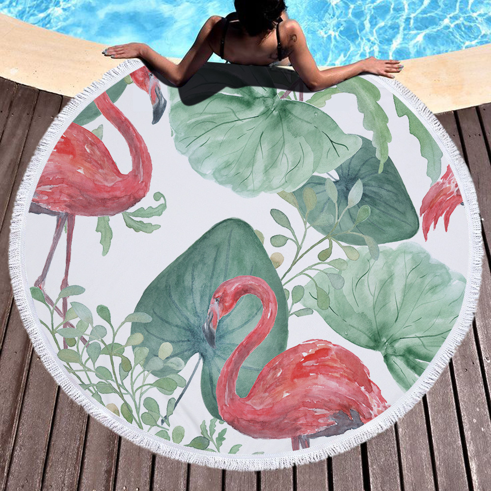 Tropical Plants and Flamingos Round Beach Towel 29