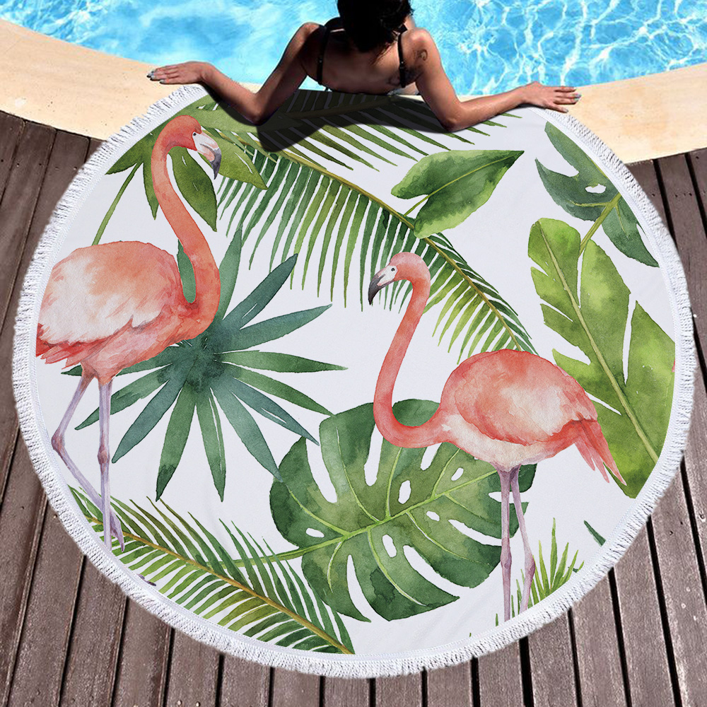 Tropical Plants and Flamingos Round Beach Towel 30