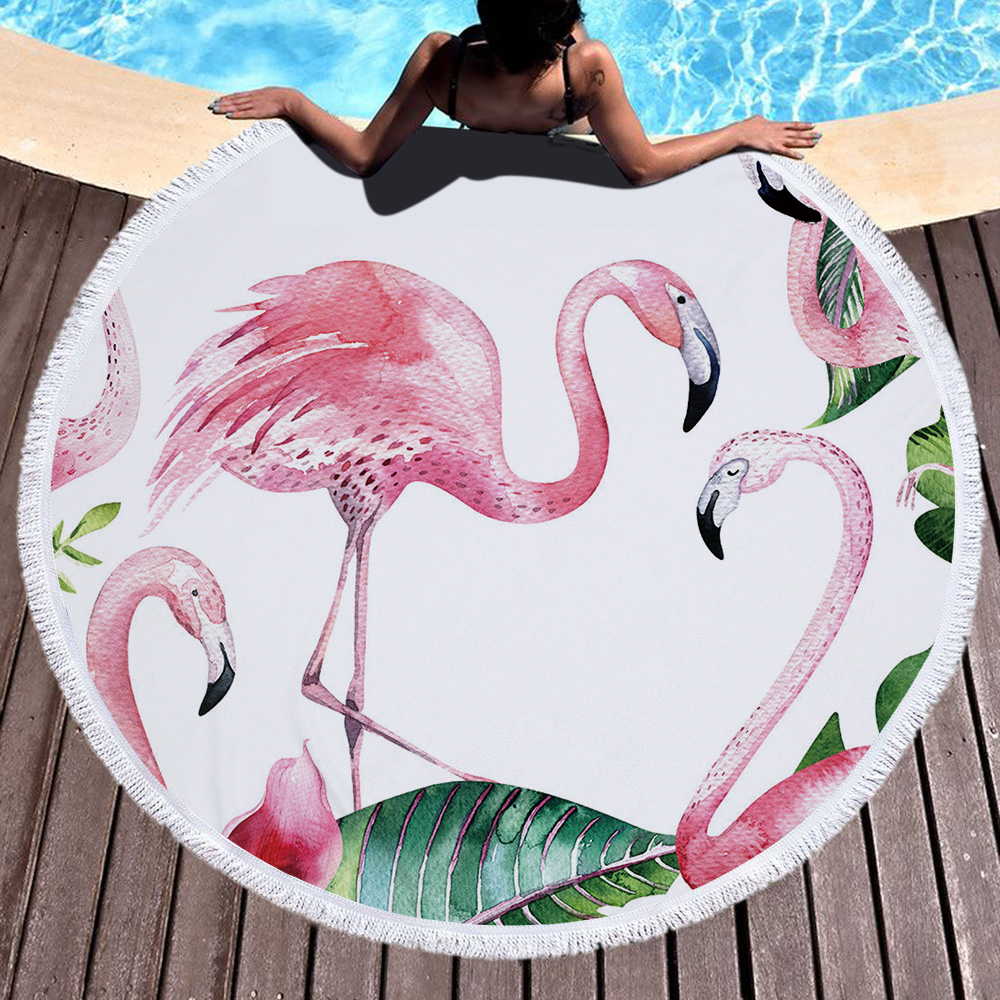 Tropical Plants and Flamingos Round Beach Towel 32