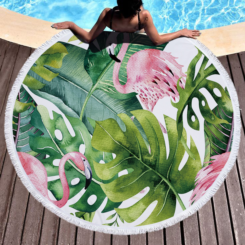 Tropical Plants and Flamingos Round Beach Towel 33