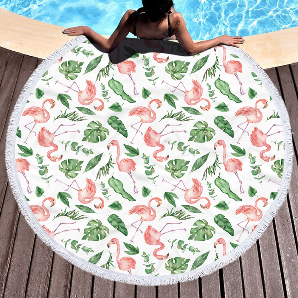 Tropical Plants and Flamingos Round Beach Towel 4