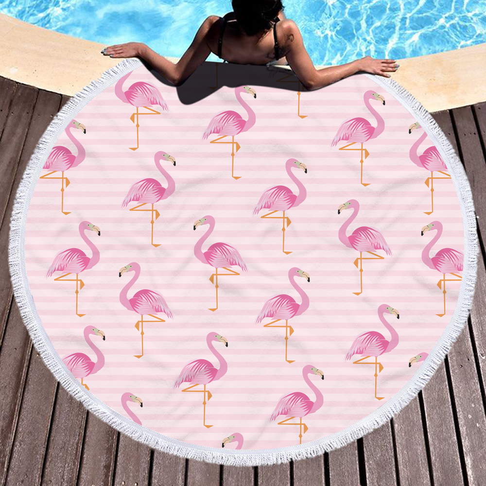 Tropical Plants and Flamingos Round Beach Towel 5