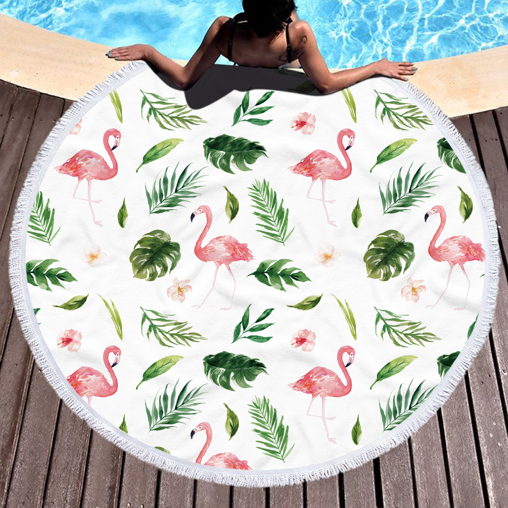 Tropical Plants and Flamingos Round Beach Towel 7