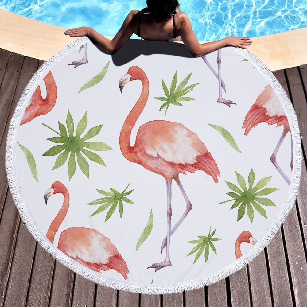 Tropical Plants and Flamingos Round Beach Towel 8