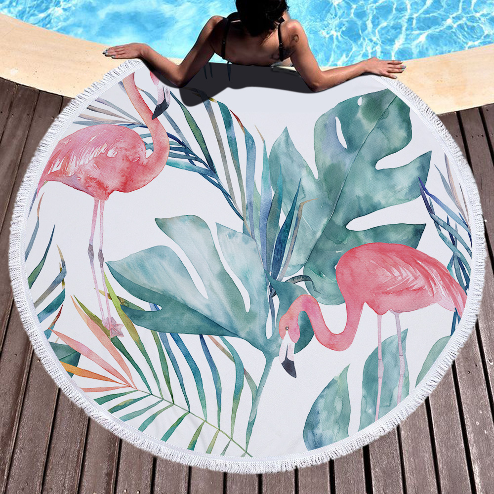 Tropical Plants and Flamingos Round Beach Towel 9