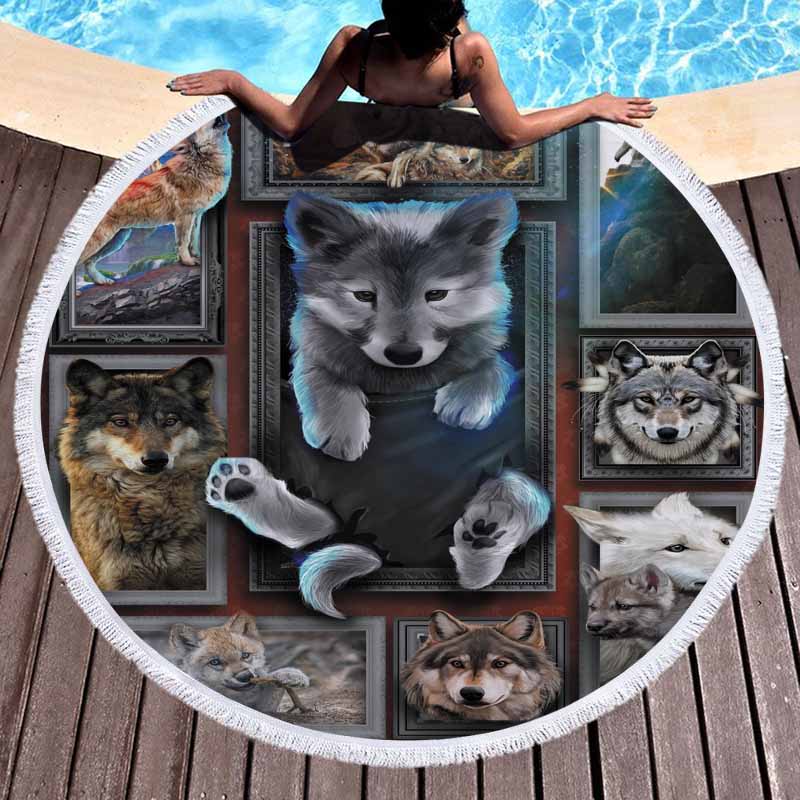 Wolf 3D Digital Printed Round Beach Towel 26