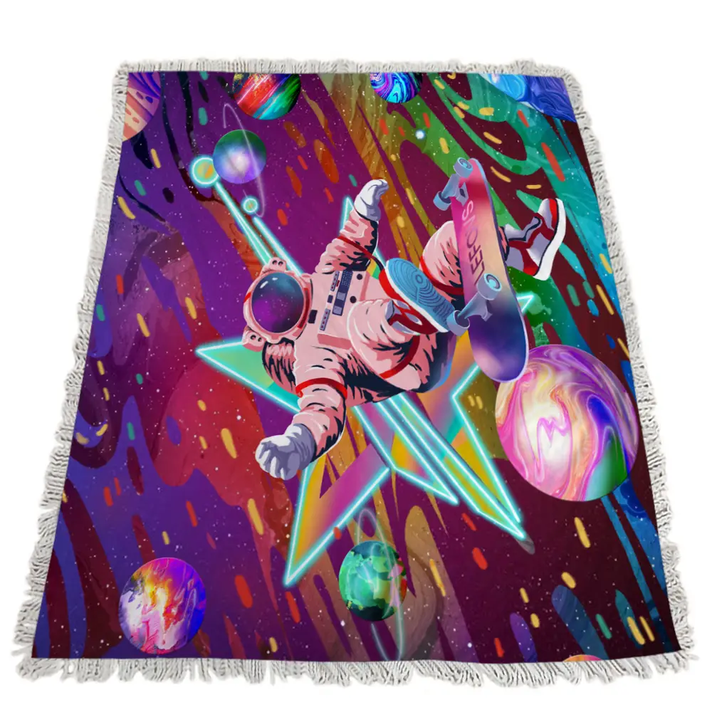 Astronaut Skater In Space Flannel Throw Blanket With Wihte Tassel Fringe 60x80 1