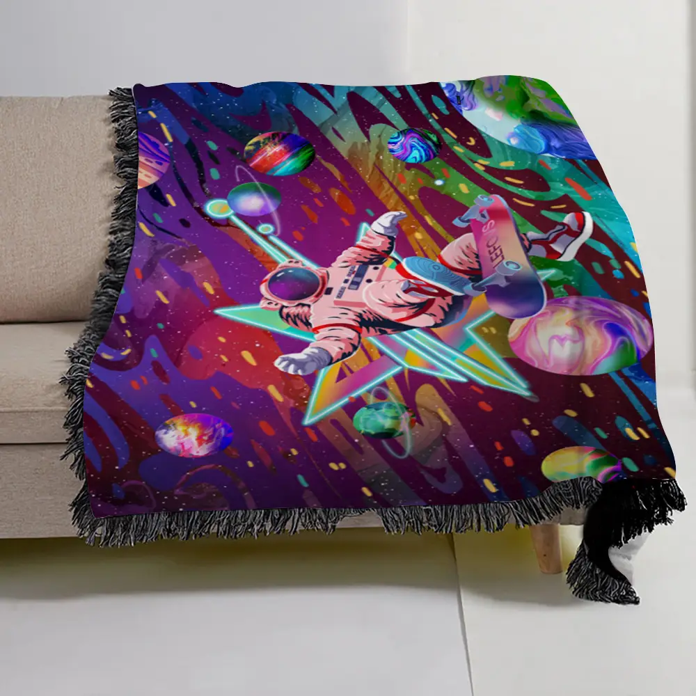 Astronaut Skater In Space Pattern Black Tassel Flannel Throw Blanket For Adult