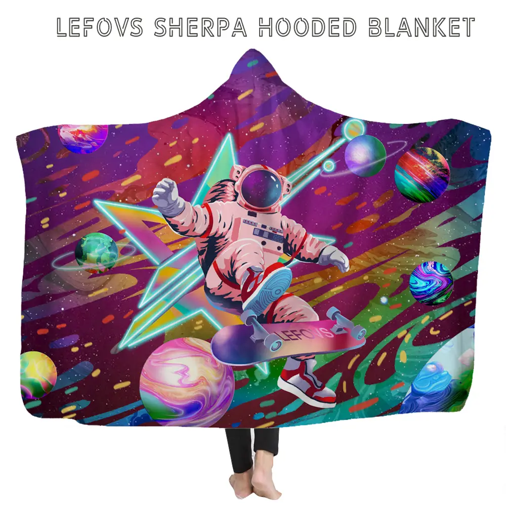 Astronaut Skater In Space Polyester Sherpa Hooded Blankets For Adults