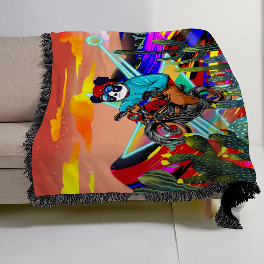 Panda On A Motorcycle 150 x 200 cm Flannel Throw Blanket With Black Tassels