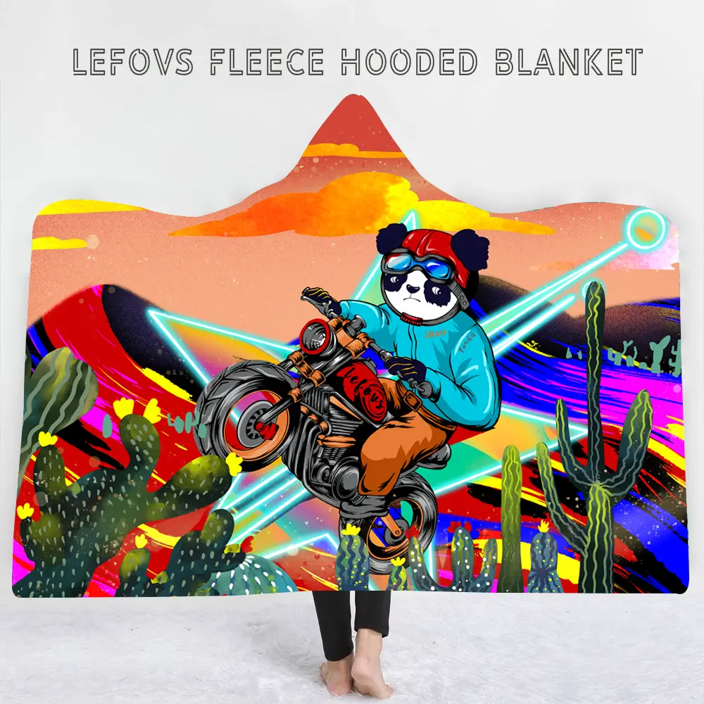 Panda On A Motorcycle Fleece Hooded Blanket For Adults