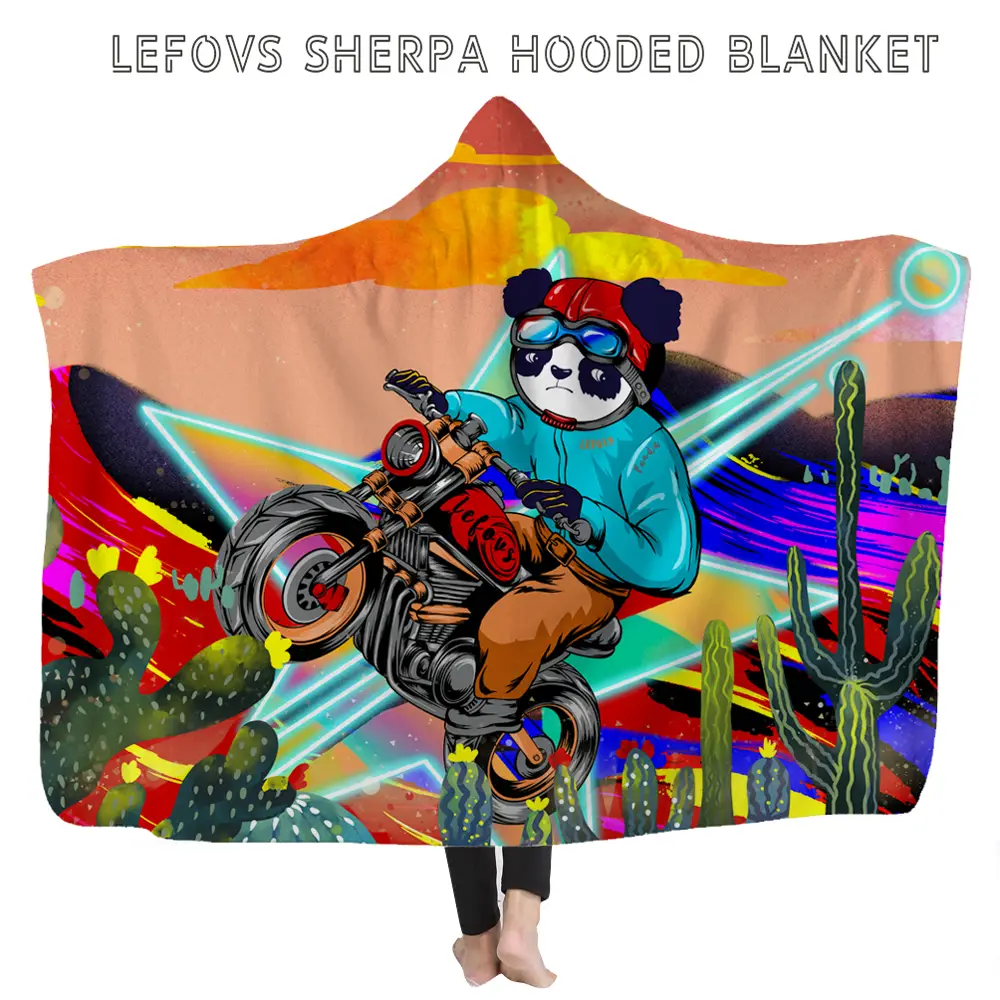 Panda On A Motorcycle White Sherpa Hooded Blankets for Adults