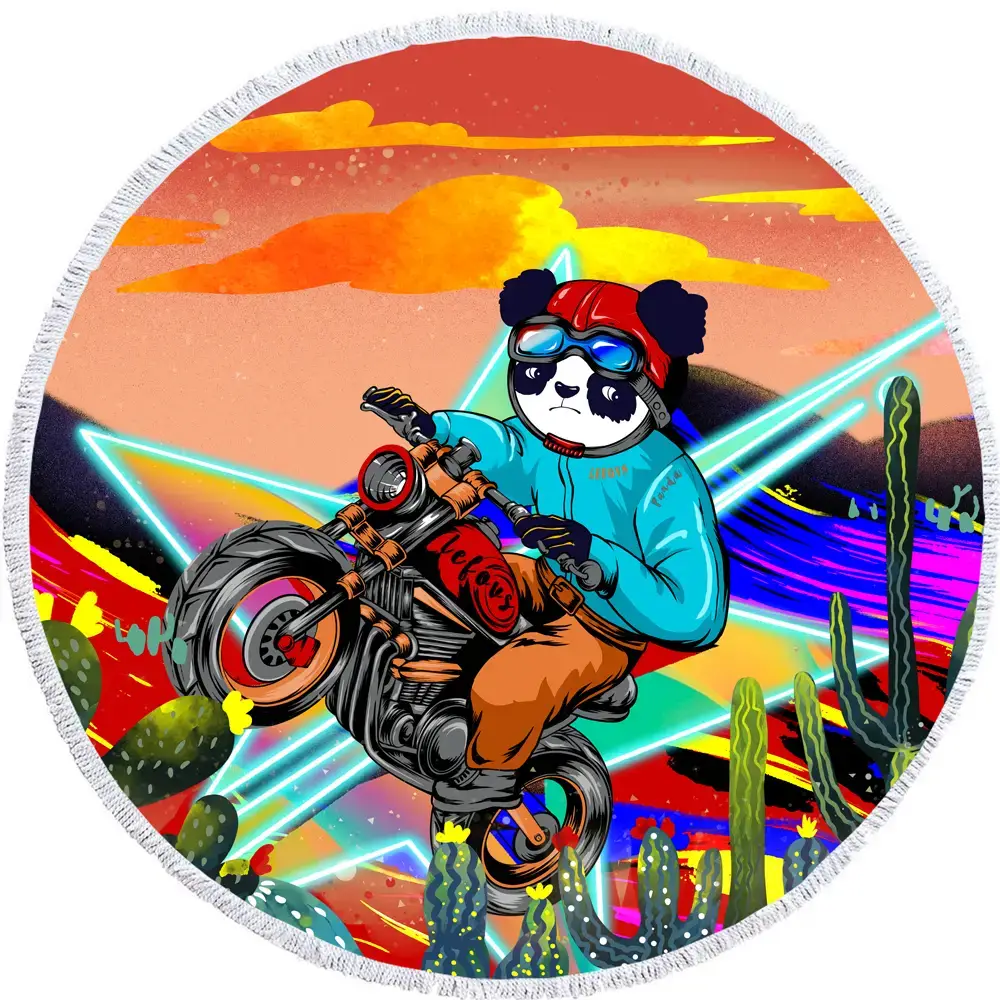 Panda On a Motorcycle Strong Water Absorption Round Beach Towel