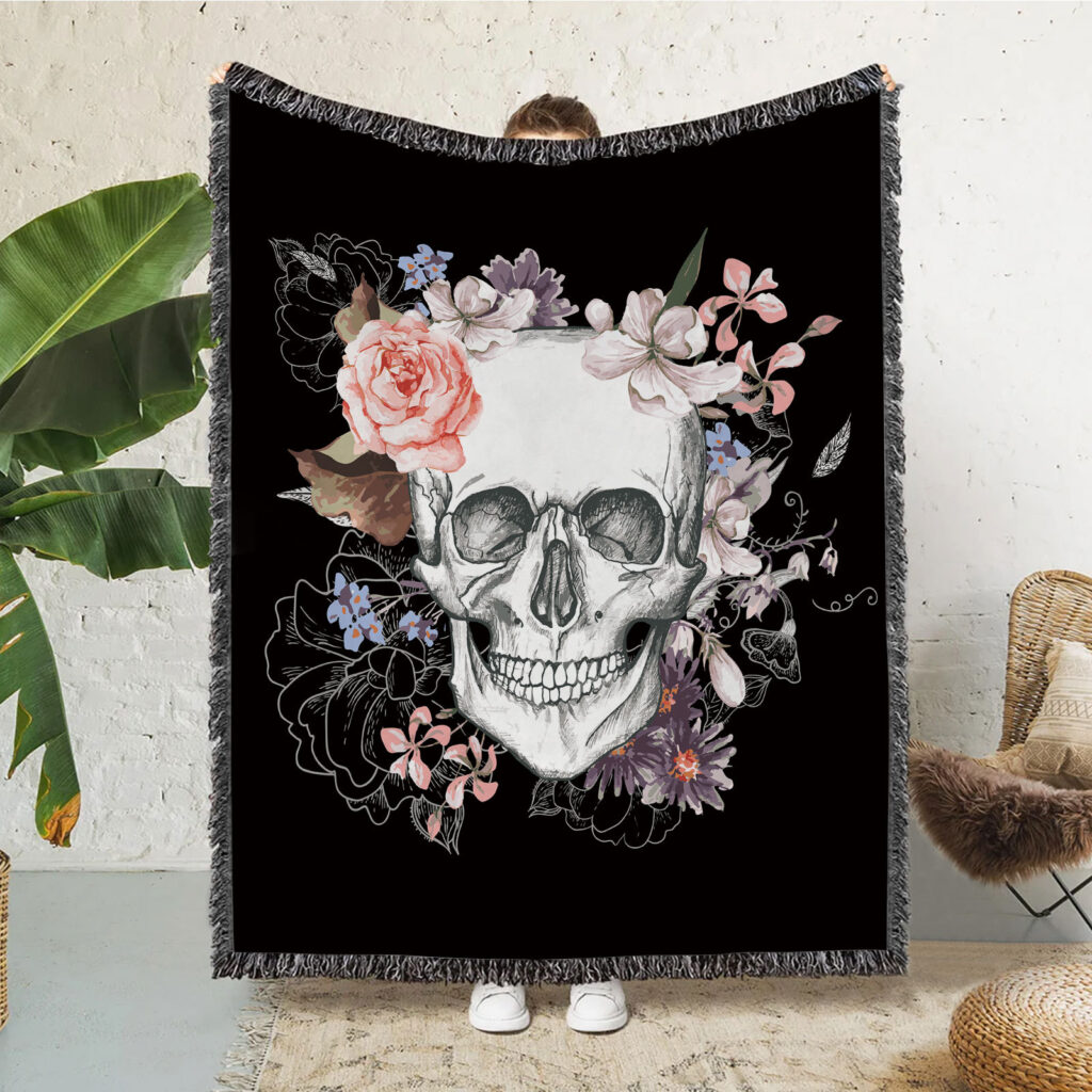 Rose Skull Pattern Flannel Throw Blanket