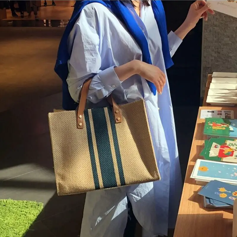 Portable Briefcase Stripe Simple Shoulder Handbag 3 SKU 01 藏青纹磁扣版 现货