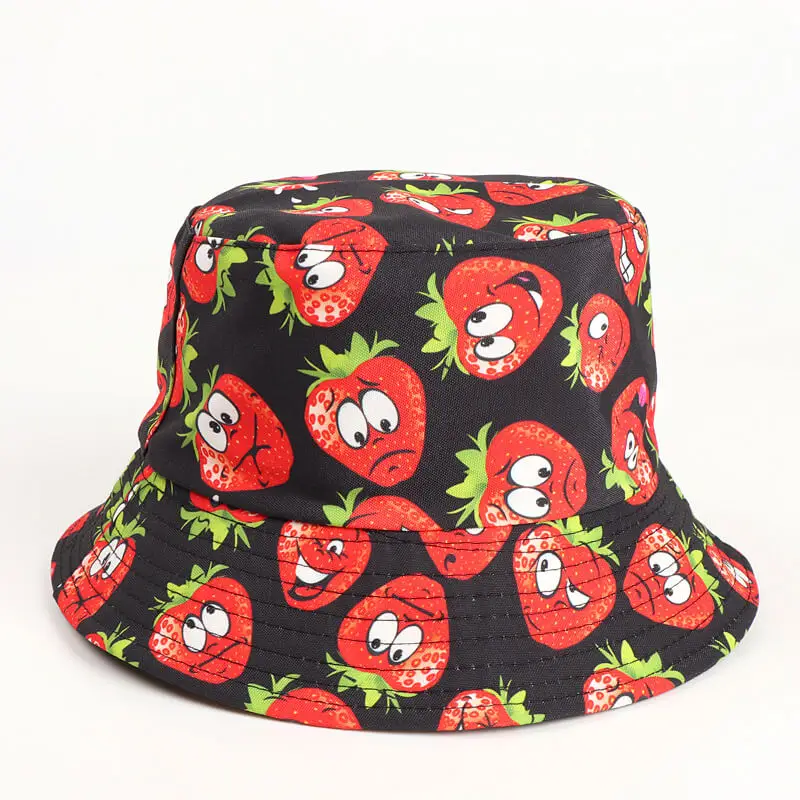 Lemon Watermelon Strawberry Fruit Bucket Hat 4 SKU 03 草莓黑色